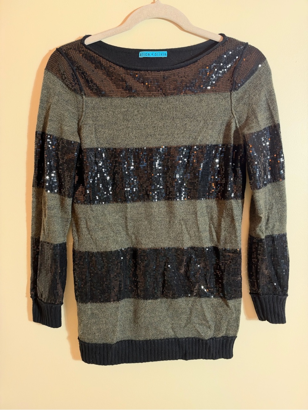 Alice + Olivia Olive & Black Evan Sequin Stripe Sweater